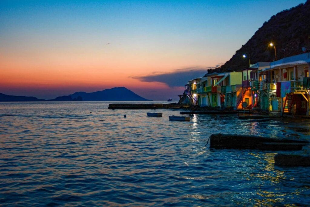 Sunset view from a seaside restaurant in Milos Greece after a day at sea